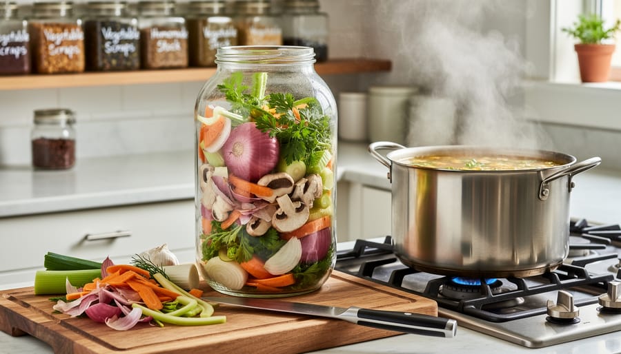 Hands pouring homemade vegetable stock from jar into pot with visible vegetable scraps