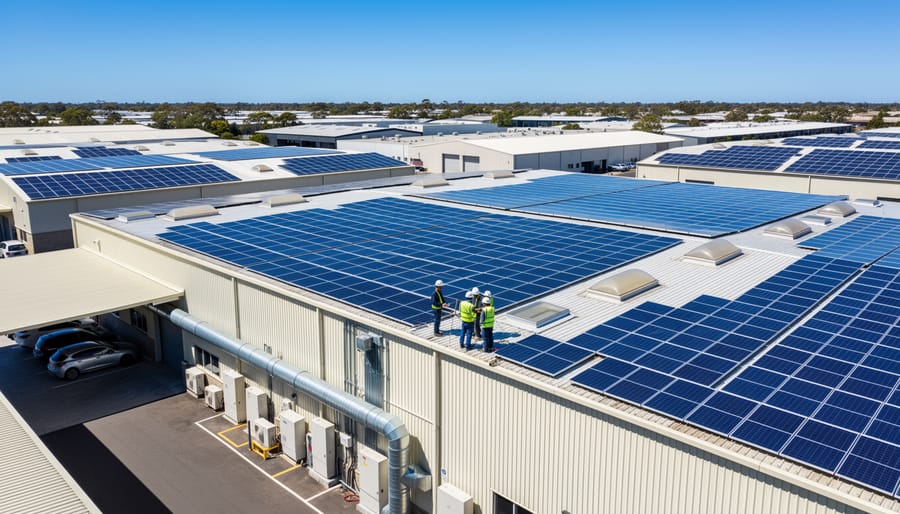 Solar panels installed on Australian factory rooftop with industrial HVAC equipment
