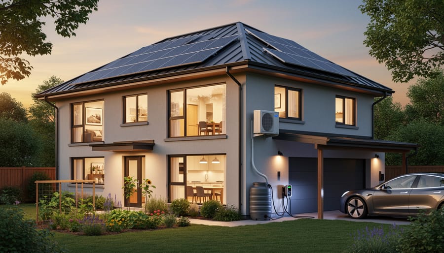 Australian home with multiple integrated sustainability features including rainwater collection and native landscaping