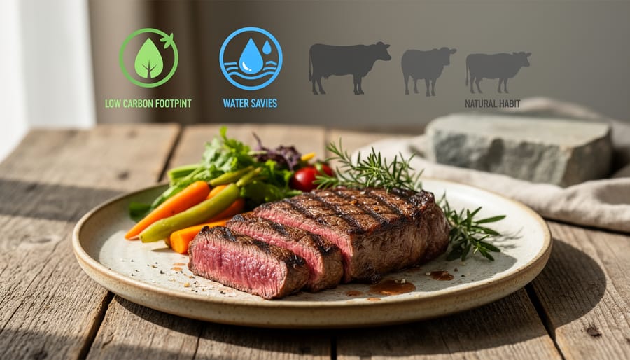Fresh kangaroo meat cuts displayed on wooden cutting board with native herbs