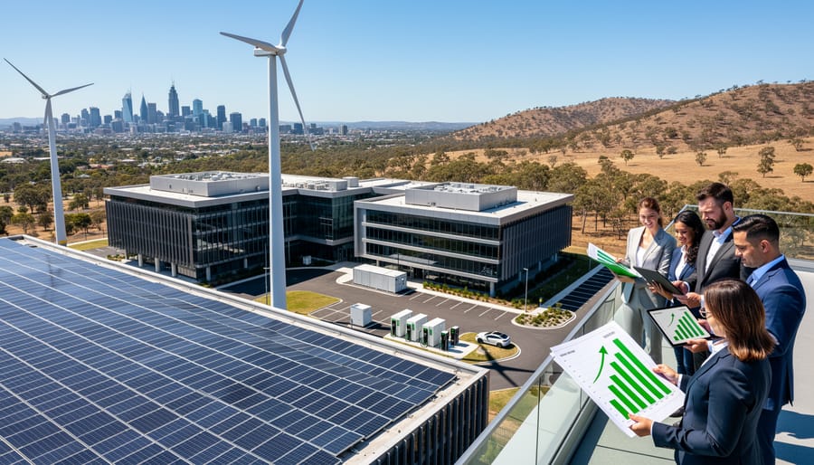 Large warehouse facility with solar panel installation and wind turbine showing renewable energy infrastructure