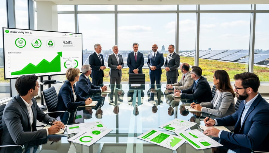 Business leader presenting sustainability initiatives to engaged team in modern office