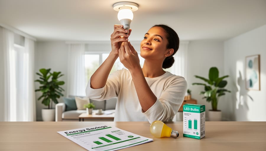 Close-up of hand installing LED light bulb into ceiling fixture