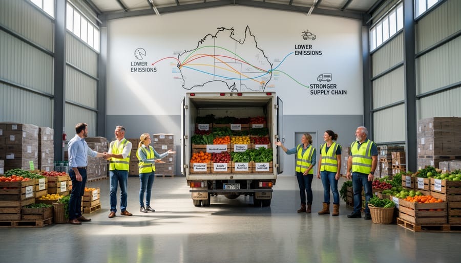 Overhead view of warehouse loading dock with sustainably sourced Australian timber and recyclable packaging