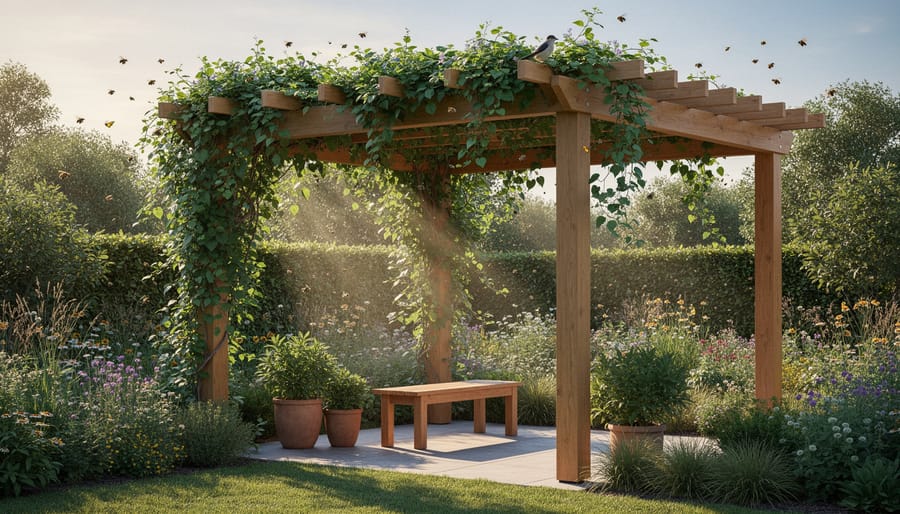 Timber pergola covered with dense Australian native climbing plants creating natural shade