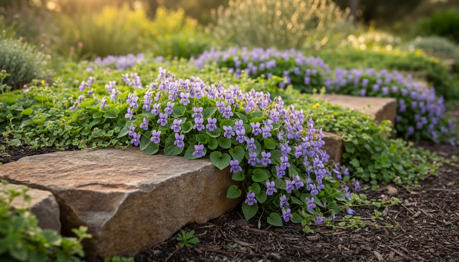 Native violet groundcover with purple flowers cascading over rock edge in garden setting