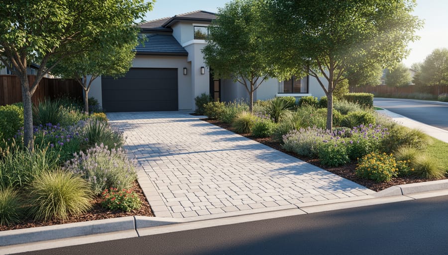 Compact driveway bordered by native Australian plants and grasses