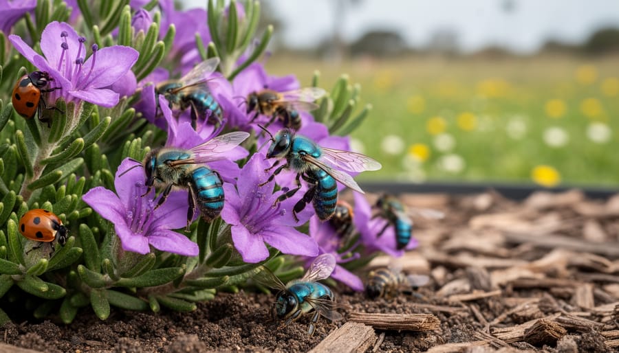 Close-up of native Australian blue-banded bee on pink flower in garden setting