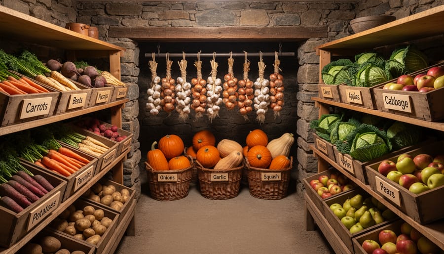 Wooden crates and baskets of sorted vegetables organized on root cellar floor