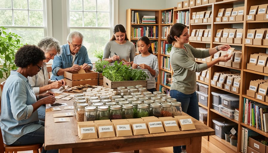 Library staff and volunteers organizing seed collection in glass jars on wooden shelves