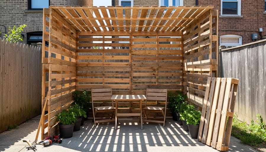 Upcycled wooden pallet shade screen creating decorative geometric shadows on patio