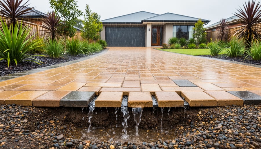 Permeable paver driveway showing gaps between pavers that allow water drainage
