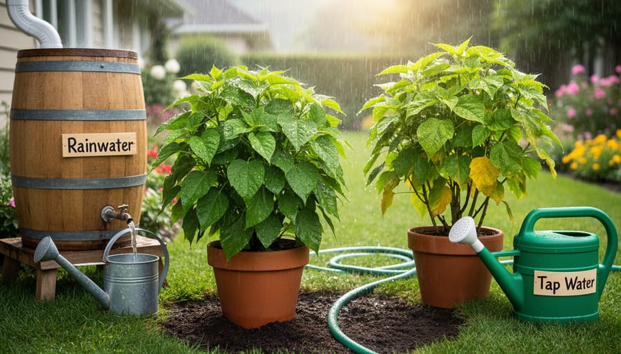 Clear rainwater being poured onto healthy greenhouse seedlings from watering can