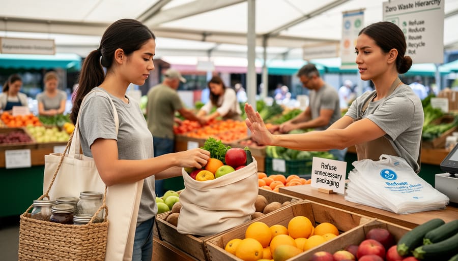Person declining plastic bag while holding reusable tote at farmers market