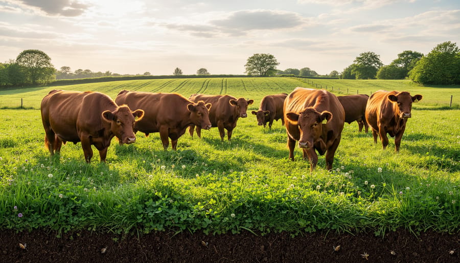 Cattle grazing on diverse regenerative pasture in Australian landscape