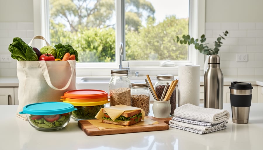 Hands arranging reusable glass jars and sustainable food storage containers on kitchen counter