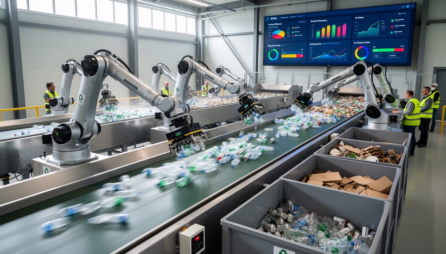 Robotic sorting technology processing recyclable materials on conveyor belt