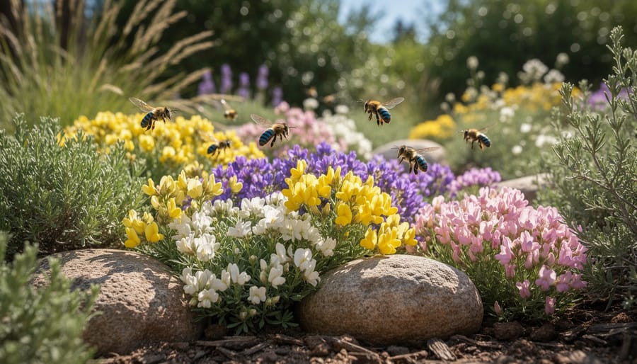 Blue-banded native bee pollinating kangaroo paw flower in rock garden habitat