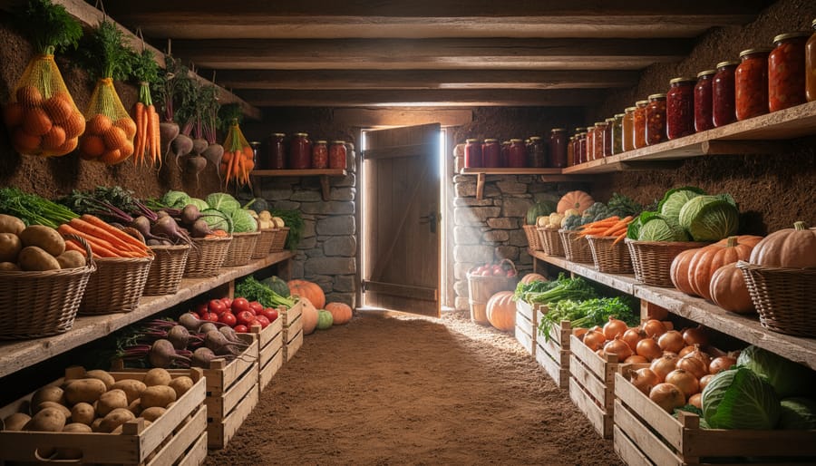 Fresh root vegetables being stored on wooden shelves in underground root cellar