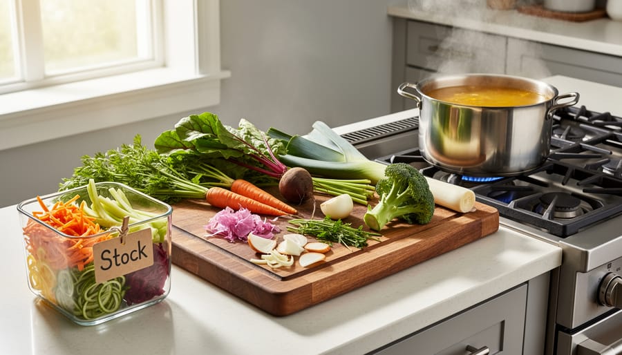 Chef's hands preparing vegetable scraps including tops and peels for cooking