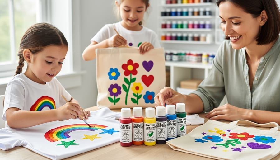 Children's hands painting colorful patterns on white fabric with nontoxic fabric paints