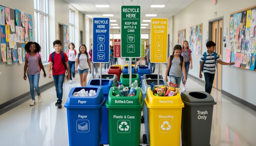 Overhead view of three color-coded recycling bins arranged in school playground