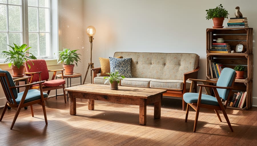 Living room decorated with vintage and second-hand furniture pieces