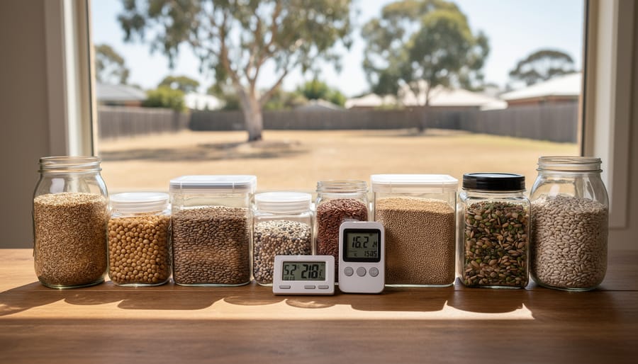 Glass jars with airtight lids containing labeled vegetable seeds on storage shelf