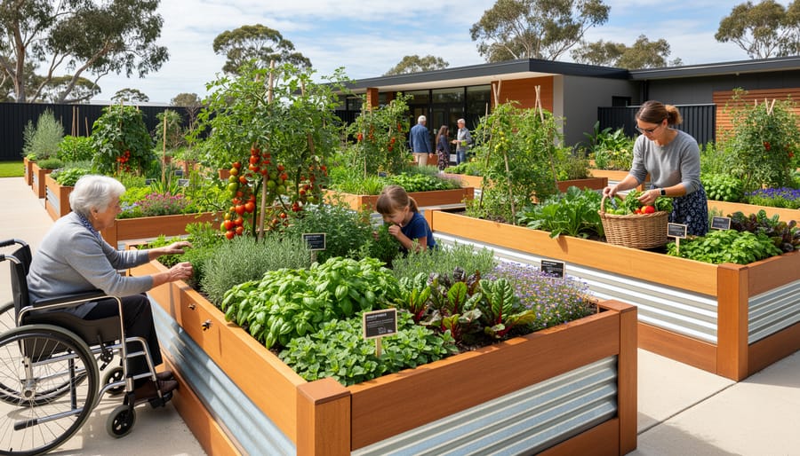 Hands exploring plants in raised accessible garden bed designed for sensory engagement