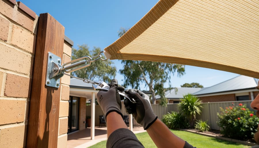 Close-up of hands installing shade sail mounting hardware on timber post