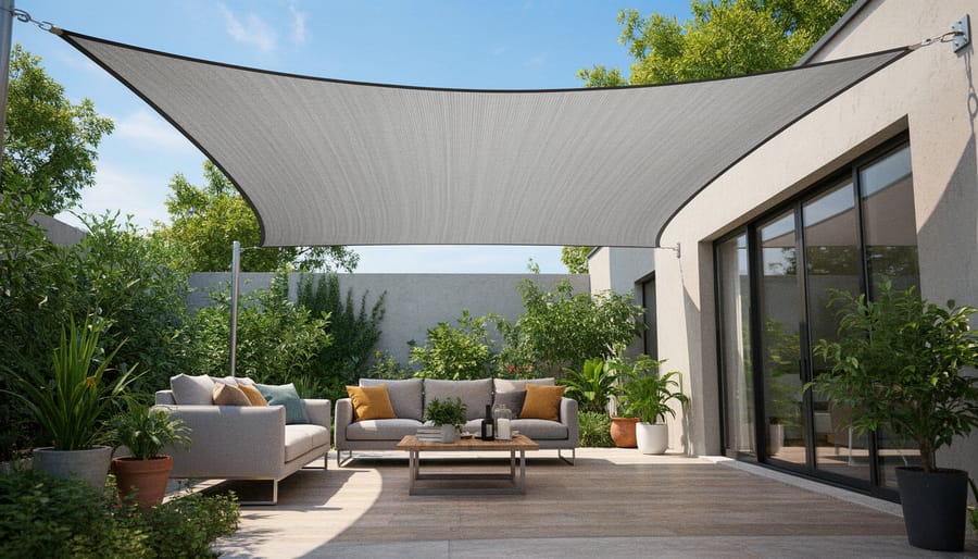 White shade sail installed over Australian patio with outdoor furniture creating cooling shade