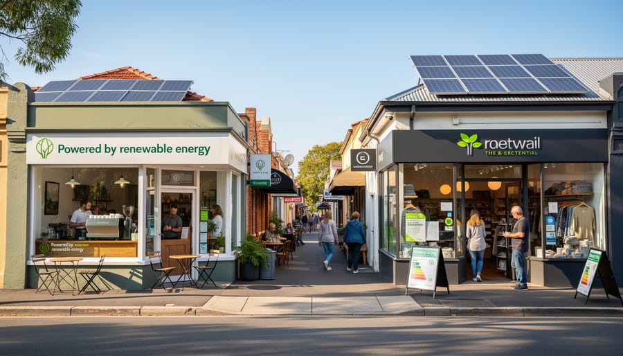 Small business owner standing in front of cafe with solar panels visible on awning