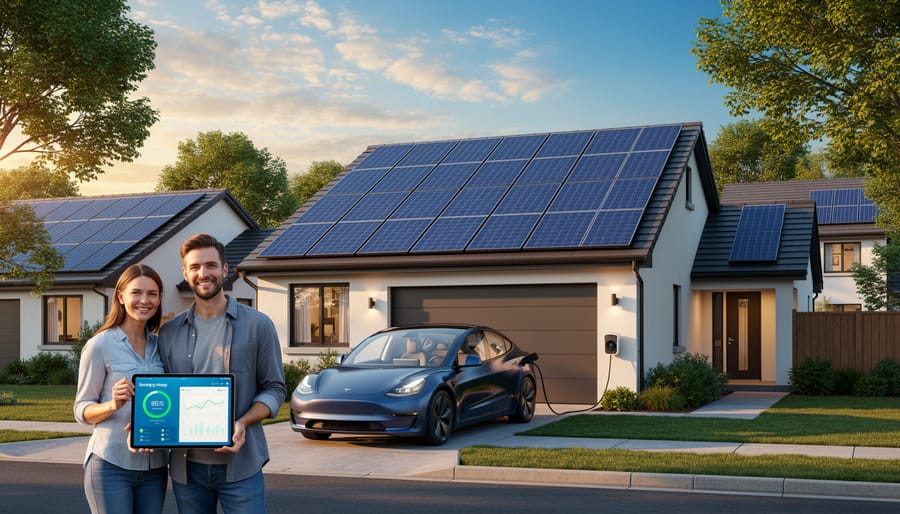 Solar panels installed on Australian suburban home rooftop with neighboring houses visible