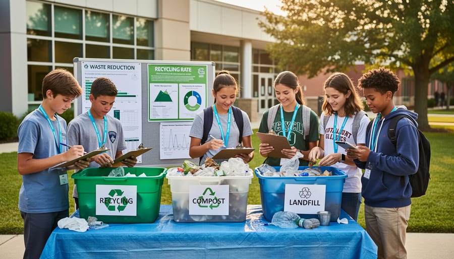High school students in green vests conducting waste audit on outdoor tables