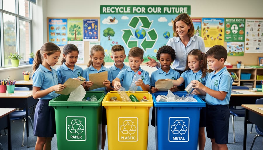 Primary school students in uniforms sorting recyclables into colored bins in classroom