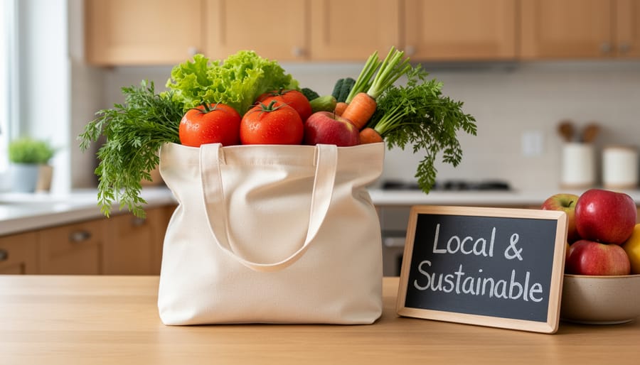 Overhead view of hands organizing fresh vegetables and fruits in reusable cloth bags on kitchen counter