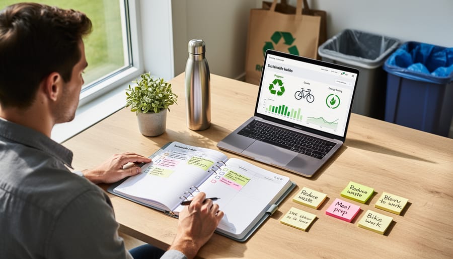 Close-up of hands writing in journal next to potted plant and reusable cup on wooden desk