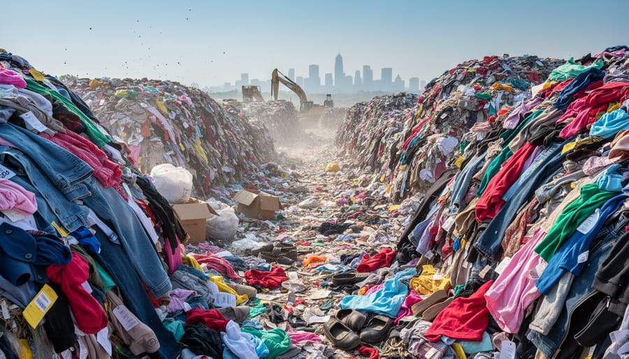Large pile of discarded clothing and textiles in landfill site