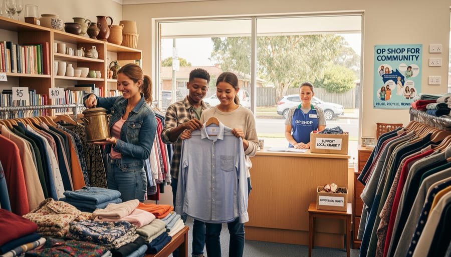 Hands browsing through second-hand clothing at charity thrift shop
