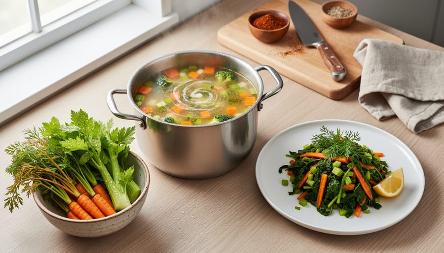 Glass containers filled with various vegetable scraps on kitchen counter including carrot tops and broccoli stems