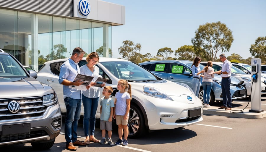 Australian family comparing conventional SUV with electric vehicle in driveway
