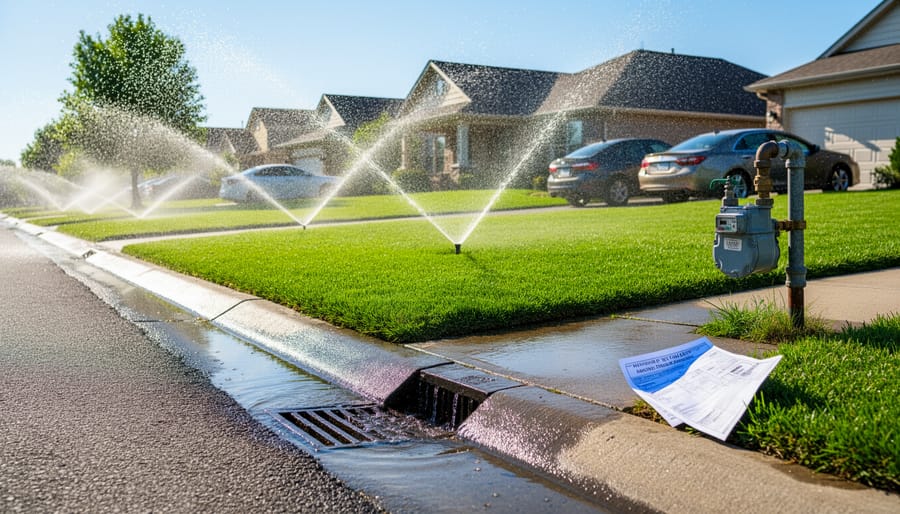 Sprinklers watering a large suburban lawn showing excessive water use