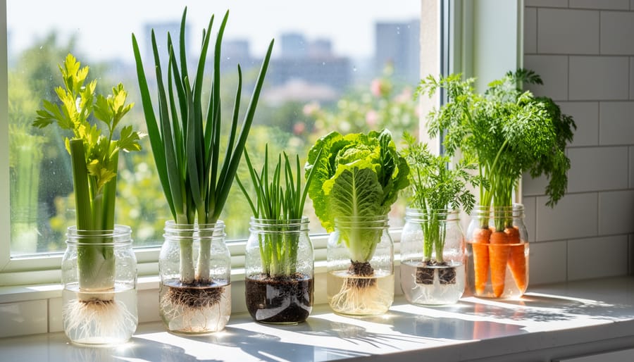 Spring onions and celery regrowing in glass jars with water on kitchen windowsill