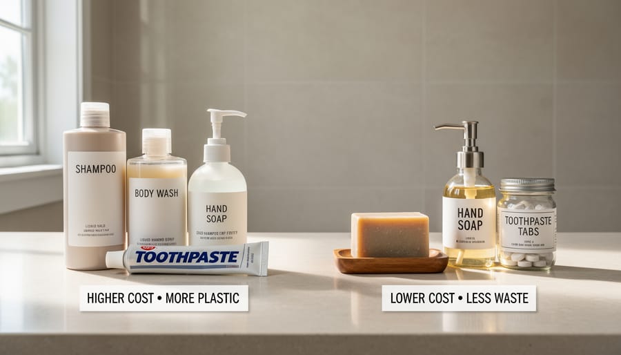 Zero waste bathroom products including bamboo toothbrush, safety razor, and package-free soap