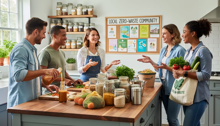 Community gathering with people sharing food using reusable containers at outdoor picnic table
