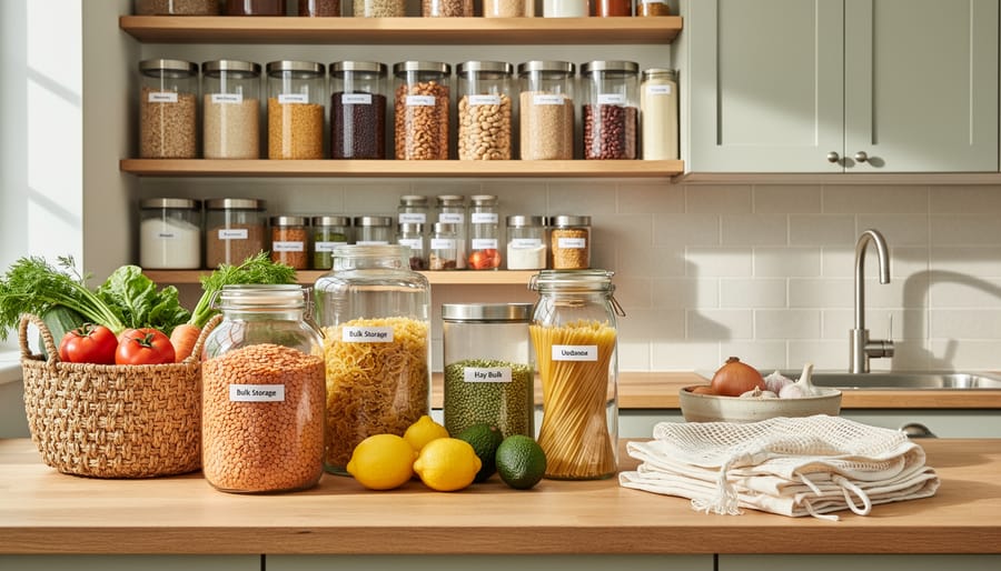 Overhead view of zero-waste kitchen counter with glass jars, fresh vegetables in cloth bags, and beeswax wraps