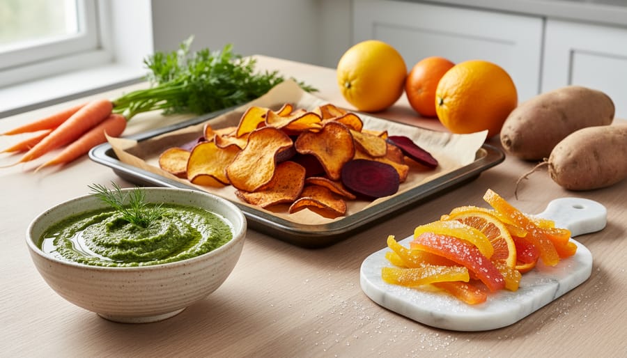 Finished zero-waste dishes including carrot-top pesto, roasted vegetable peels, and candied citrus peels on rustic table