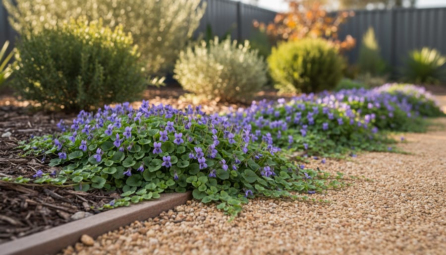 Native violet groundcover spreading aggressively beyond garden bed boundaries onto lawn