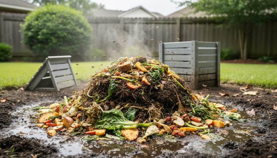 Steaming compost heap with visible organic matter showing active decomposition