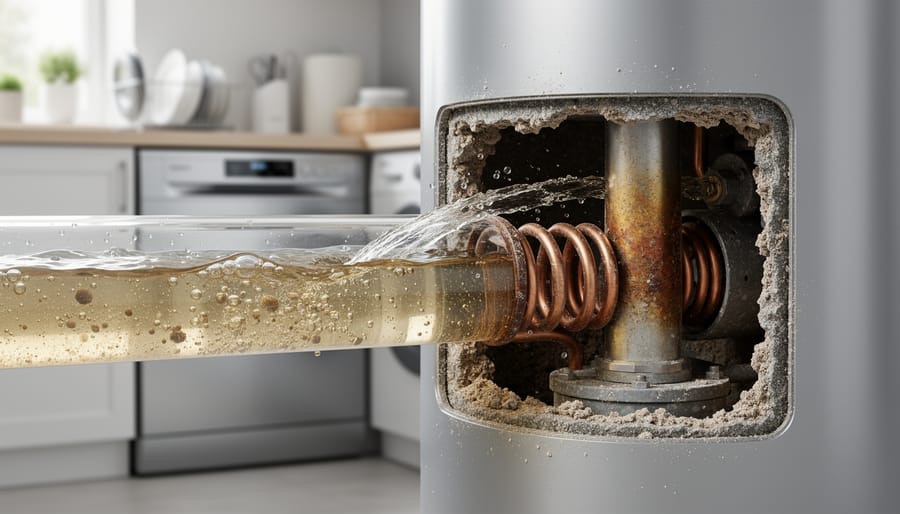 Close-up of mineral scale and sediment buildup on damaged hot water heater element